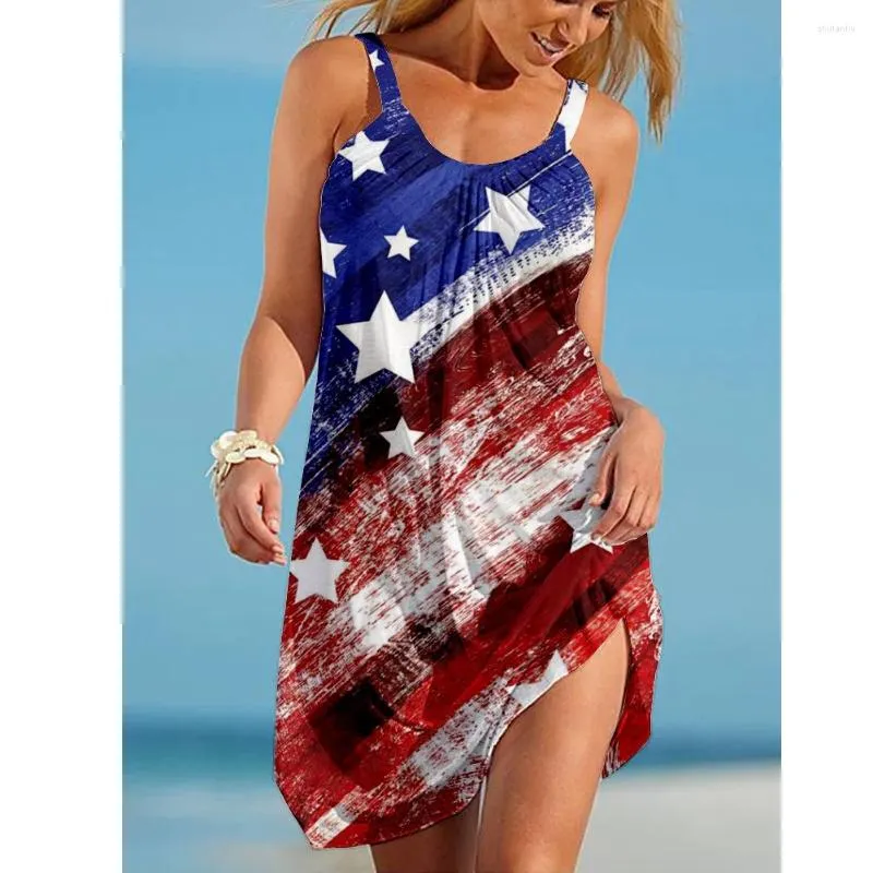 Vestidos Casuales Verano EE. UU. Bandera Vestido Mujer Moda Sin Mangas Boho  Beach Party Noche Raya Correa Sexy Midi Holiday Sundress De 13,87 €