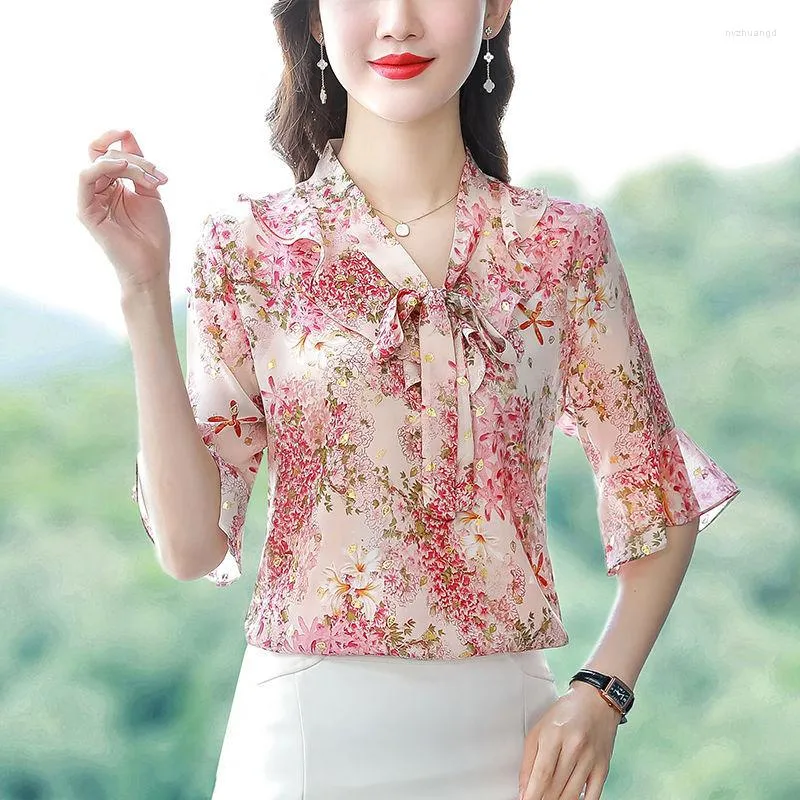 Elegant Floral Printed Chiffon Blouse For Women Summer 2023 Collection V  Neck Short Sleeve Loose Pullover Pink Shirt Women Female Clothing Q75 From  Nvzhuangd, $18.39