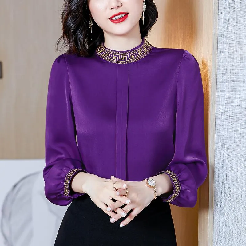 Women's Blouses Chikichi 2023 Spring And Autumn Fashion Elegant Round Neck Purple Satin Embroidery Long-sleeved Pullover Shirt Women