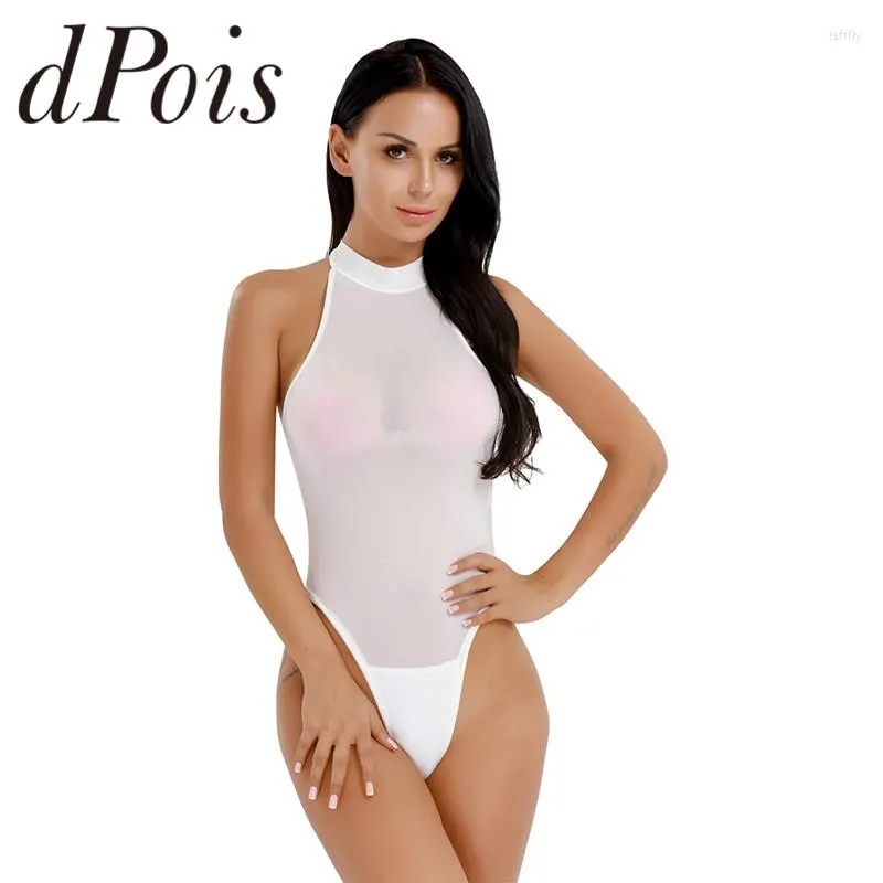 Women's Swimwear Women Semi-see Through Sexy One Piece Lingerie Sleeveless Jumpsuit Mock Neck High Cut Crotchless Thong Leotard Bodysuit