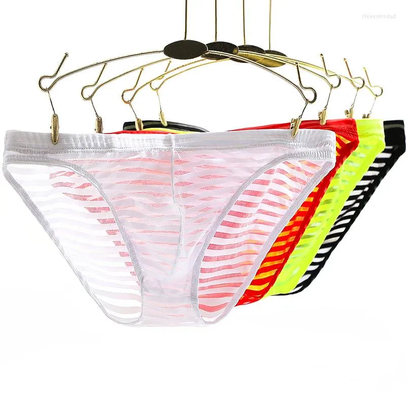 Underpants 4Pcs/pack Ultra Thin Mens Underwear Sexy Males Low Rise Briefs Transparent Striped Cueca Ice Silk Lingerie Summer Homme Panties