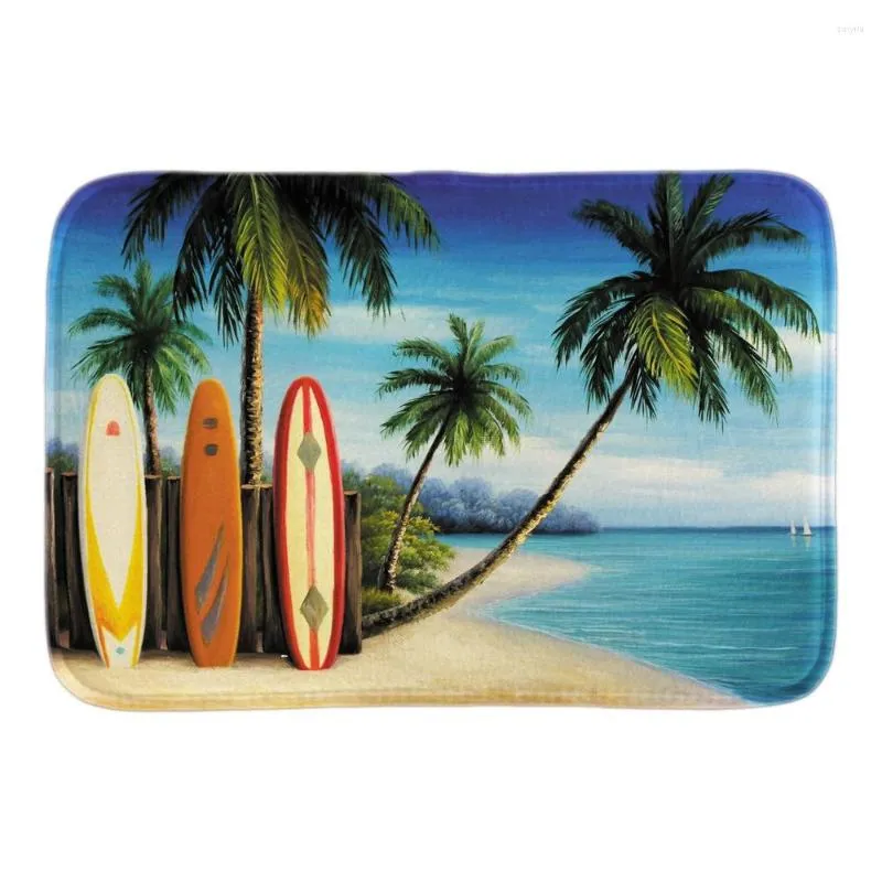 Tapis Maison Paillassons Décoratifs Île Planches De Surf Palmiers Doux Légèreté Intérieur Extérieur Tapis Salle De Bains Tapis De Sol Court Tapis En Peluche