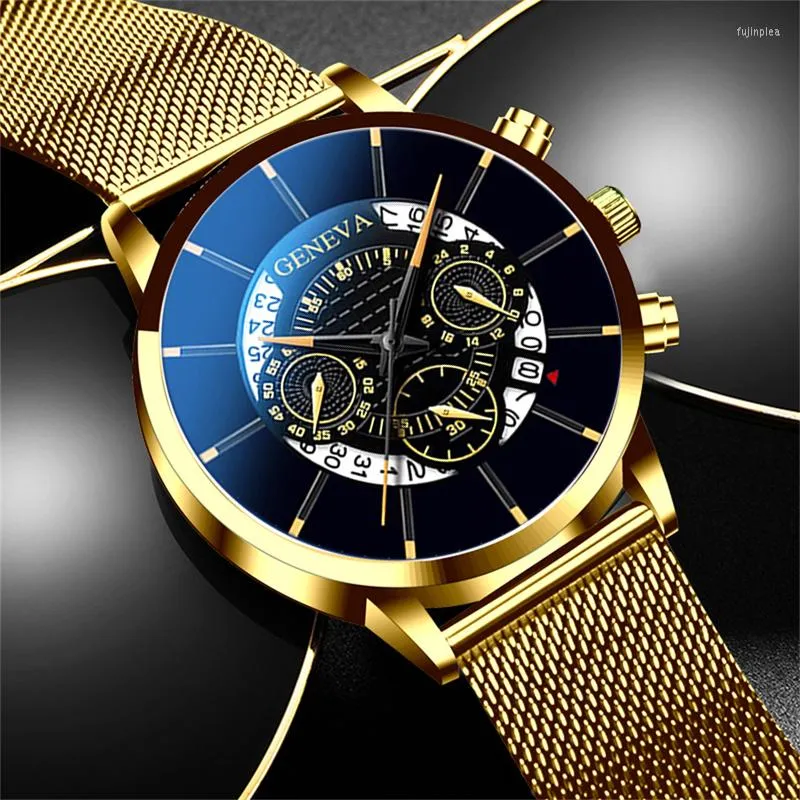 Montres-bracelets Reloj Hombre Mens Fashion Business Calendar Montres Bleu Acier Inoxydable Maille Ceinture Analogique Quartz Montre-Bracelet Relogio Masculino