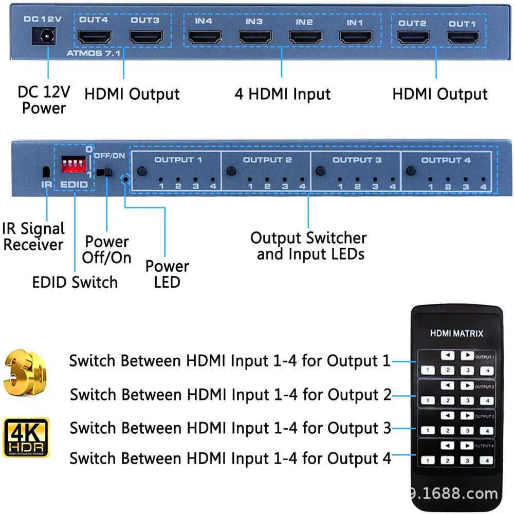 HDMI2.0-Matrixumschalter 4X4 High-Definition-4K-Übergabeverteilung 4-In-4-Out-HDMI