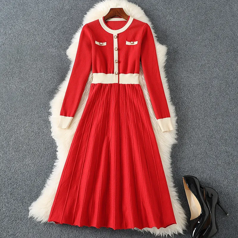 2023 Spring Red Contrast Color Panel Packe Dress Långärmad rund halsknappar MIDI Casual Dresses M3M03B696