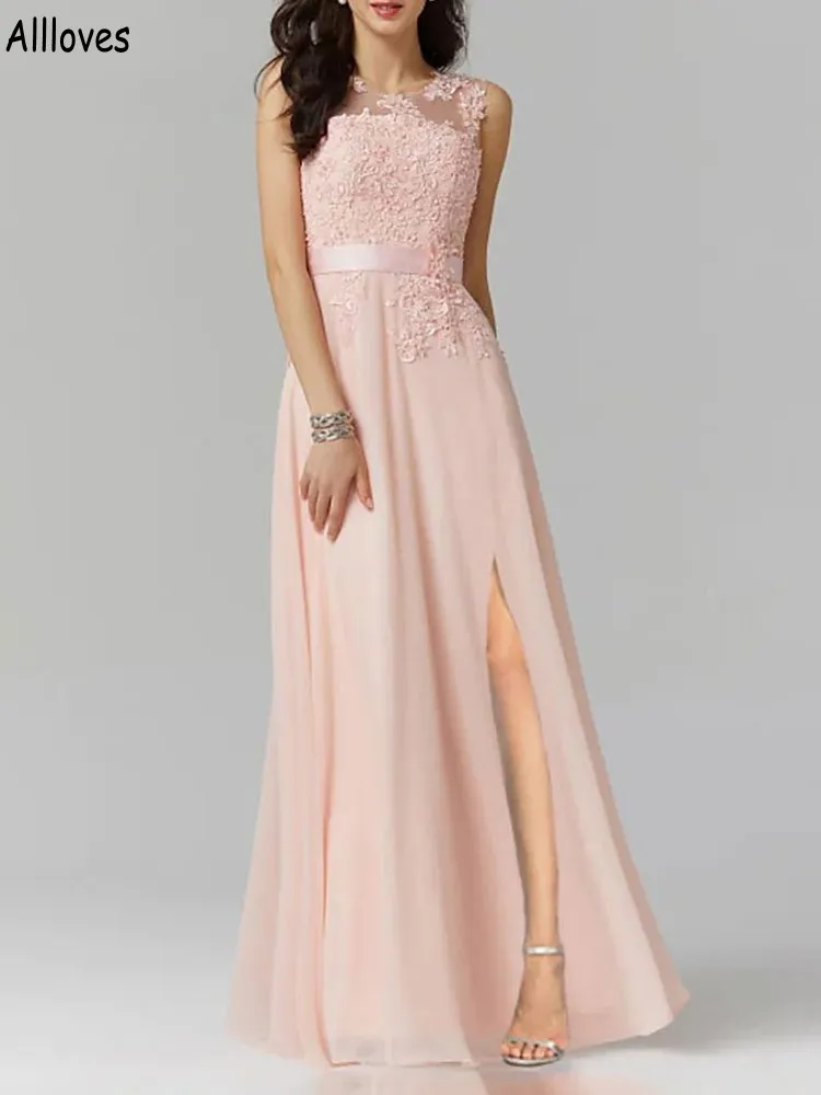 Blush Pink A Line Chiffon Bridesmaid Dresses Elegant Lace Appliqued Jewel Neck Maid Of Honor Dress Plus Size Floor Length Sexy Spl2290