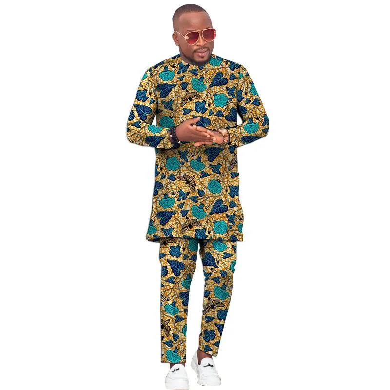 Men's Tracksuits Casual African Outfits Wax Print Pant Sets Nigerian Fashion Male Long Sleeve Tops TrousersMen's