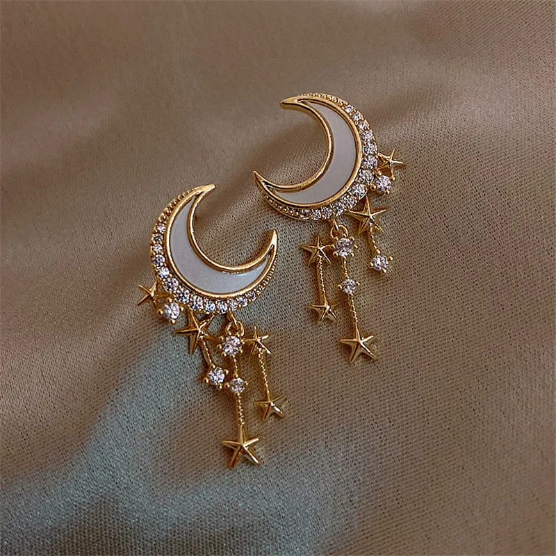 Moon Dangle Earrings For Women Temperament Pearl Cherry Cat Rhinestone Pendant Earring Girl Party Jewelry Gift