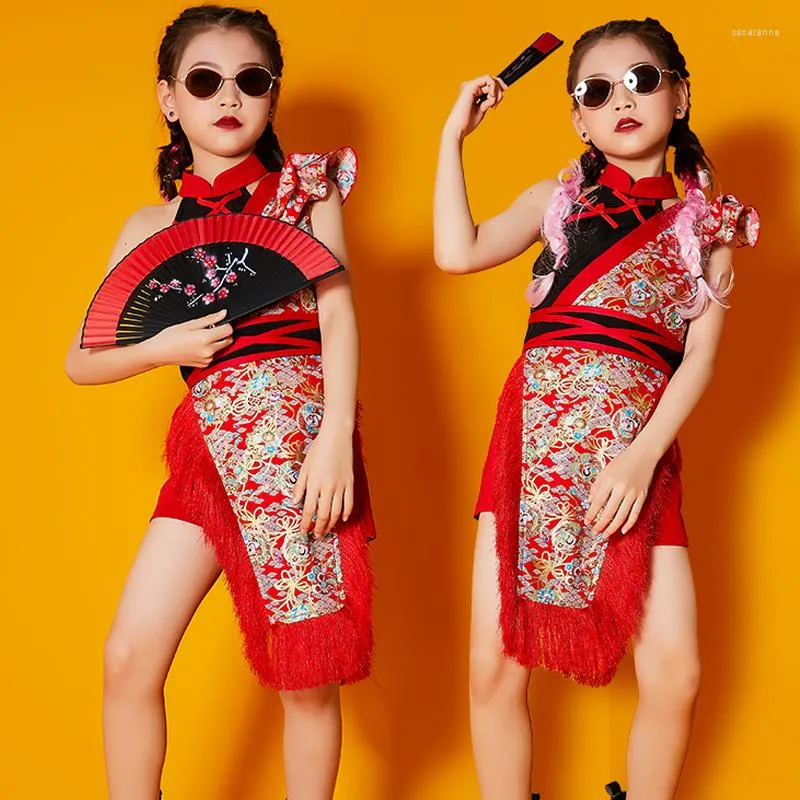 Desgaste do palco de estilo de jazz em estilo chinês para meninas roupas vermelhas de salão de baile de dança de dança