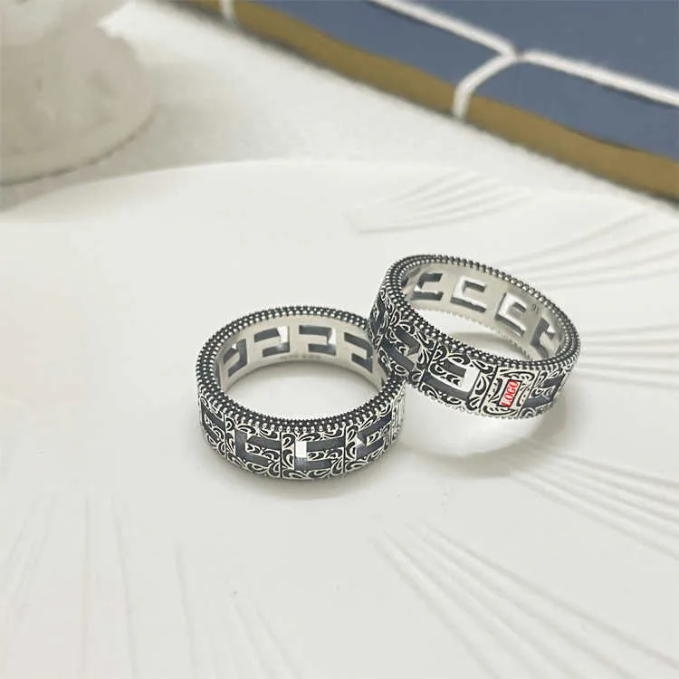 2023 New Luxury High Quality Fashion Jewelry for silver pattern engraved hollow out couple pair ring high version