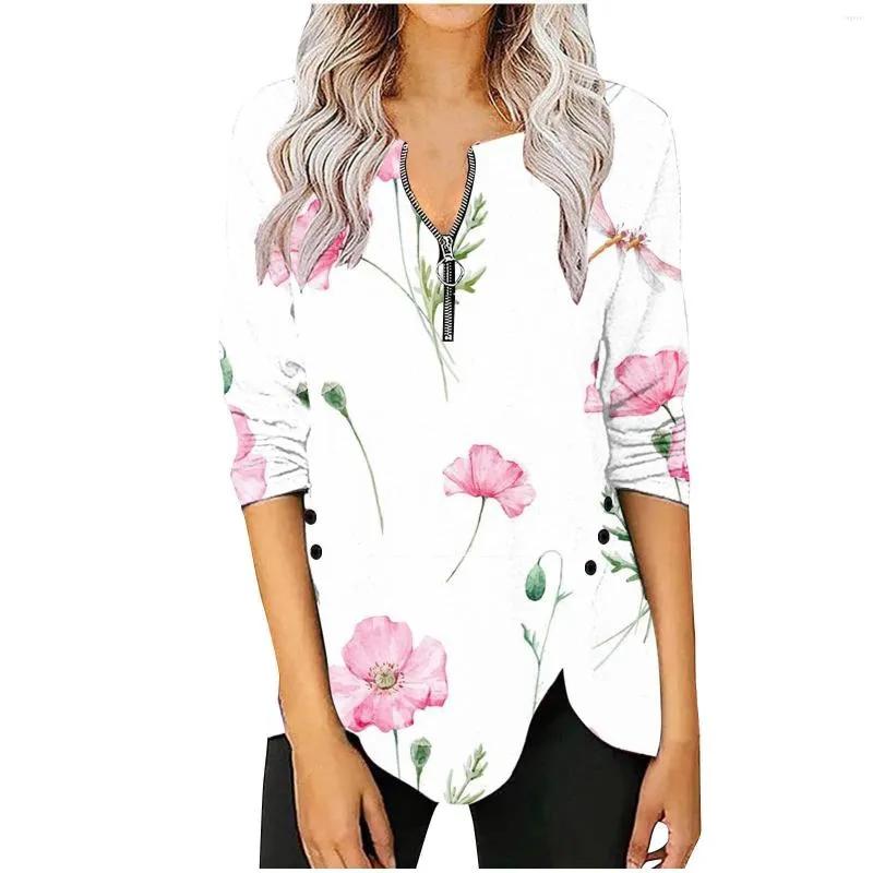 Bluzki damskie zamek błyskawiczny kwiat kwiatowy druk damski bluzka kawaii ubrania na szczycie kobiety 2023 lata koszule do pracy Blusa Tshirt plus size