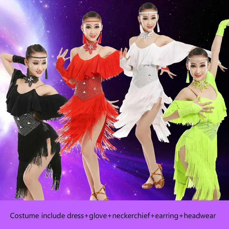 Stage Wear Girls Tassel Professional Latin Dance Dress For Competition Child Modern Standard Ballroom Kids Spain 89Stage