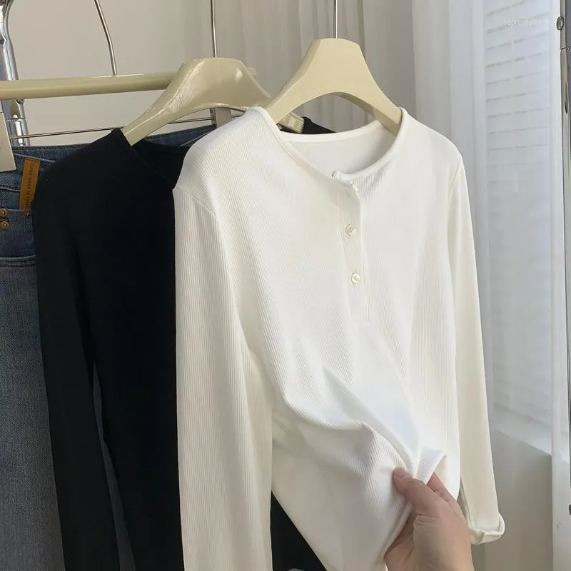 Women's T Shirts High-quality Thread Pit Strip Long-sleeved T-shirt Bottom Blouse For Women Spring White Basic Loose Inner Button Pullover