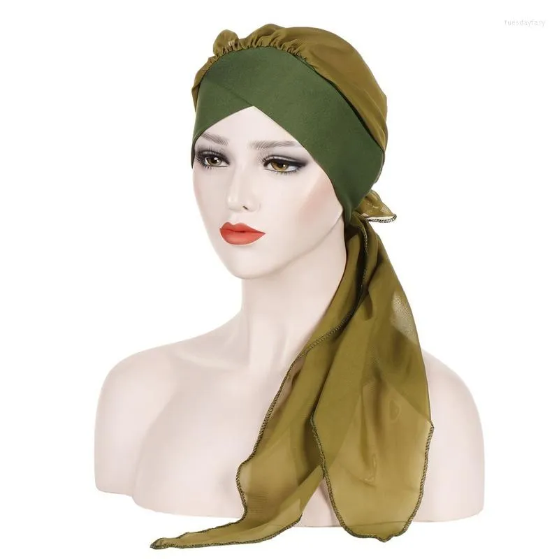 エスニック衣類ソリッドカラーは事前に縛られたアラブターバンイスラム教徒の帽子の女性シフォンヒジャーブキャップバンダナヘッドスカーフヘアアクセサリー