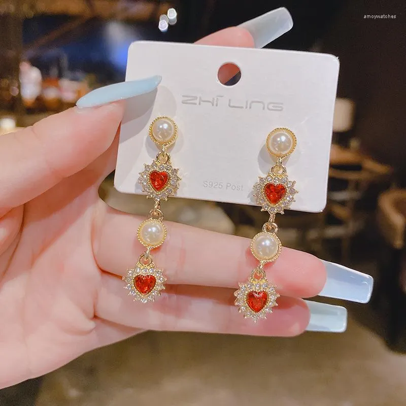 Boucles d'oreilles pendantes, 1 paire, aiguille en argent, baroque, Zhang Manyue, même rouge, bleu, amour, longue perle en filet