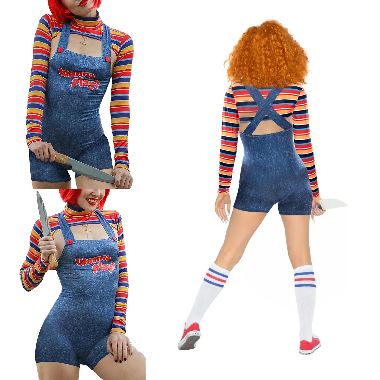 Women s Chucky Doll Costume Two Piece Halloween Costume Set for Women Movie Character Bodysuit and Pants