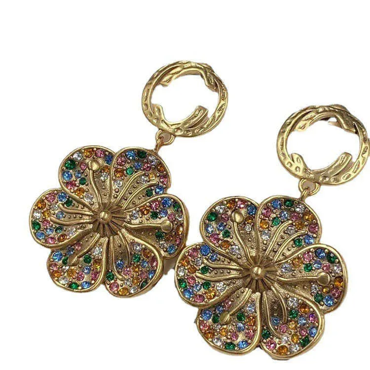 2023 nouveau luxe de haute qualité bijoux de mode pour Double fleur couleur strass laiton argent aiguille Premium boucles d'oreilles femme