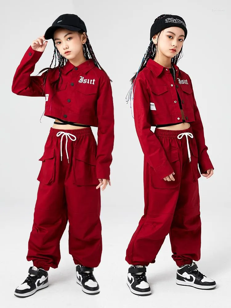 Stage Wear Girls Jazz Dance Costume Hip Hop Performance Clothes Red Long Sleeves Cargo Pants Navel Coat Kpop Kids Outfit BL9646