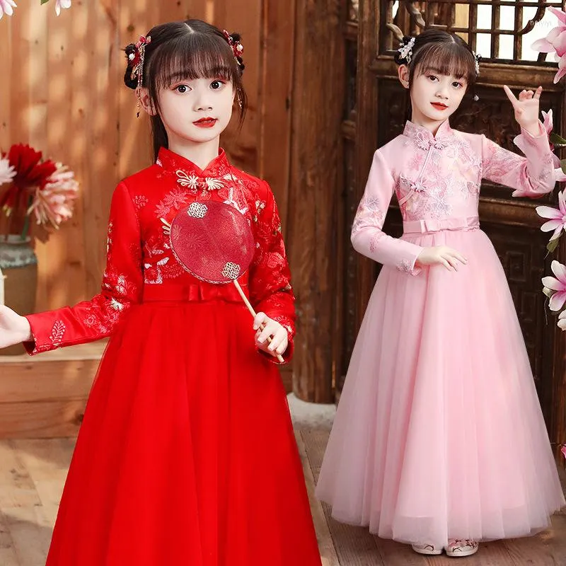 Etnische kleding Mooie Chinees meisje borduurwerk cheongsam jurk prinses baljurk bloem lang kinderen jaar cadeau feestavond