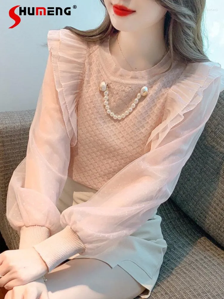 Damesblouses high-end elegant kanten bodem shirt voor vrouwen stijlvol 2023 lente mooie mode mesh stiksel slanke fit pullover tops