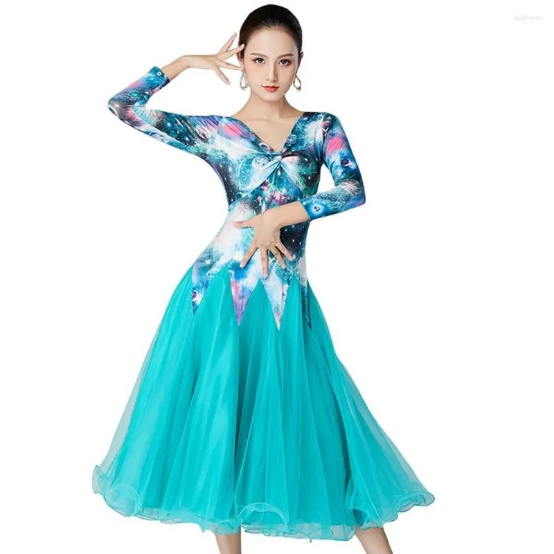 Robe de danse Standard verte d'usure de scène pour les vêtements de danse de compétition de salle de bal valse Rumba
