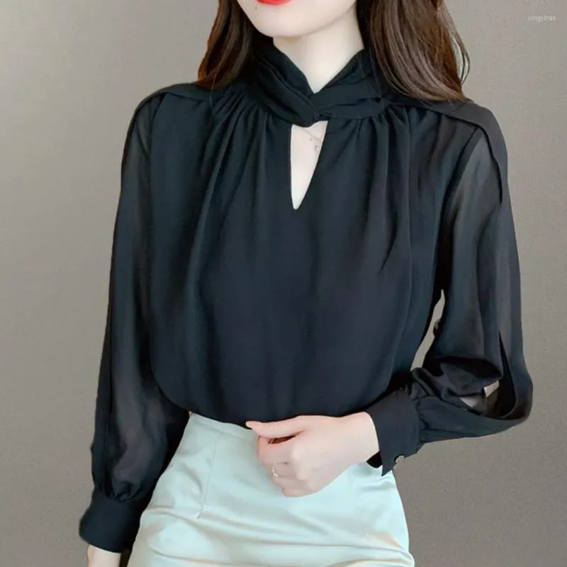 Chemisiers pour femmes à manches longues évider chemises noires femmes en mousseline de soie mode coréenne tout-match Blouse hauts Blusas Mujer