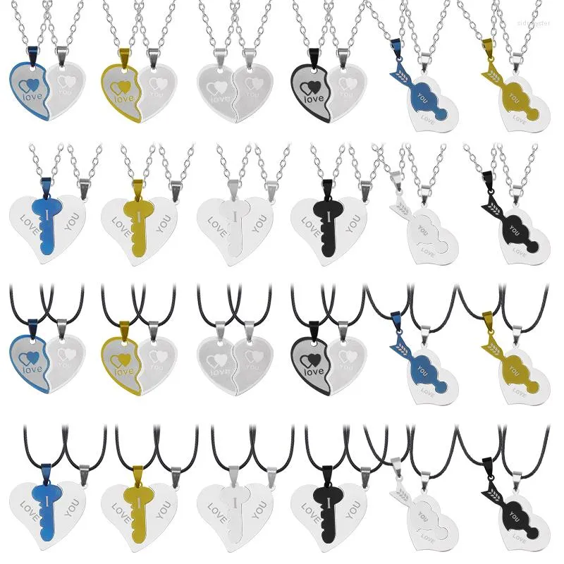 Hangende kettingen roestvrijstalen stalen paren ketting hartvormige vier kleuren puzzel verschillende ketting lederen touw sieraden romantische geschenken