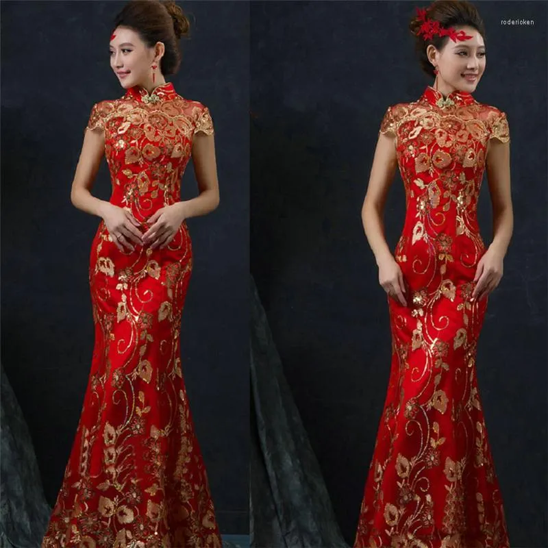 Vestido de noiva chineses de roupas étnicas vestidos de cheongsam para mulheres roupas de brinde de manga curta Slim Lady Borderyy Elegant 2023