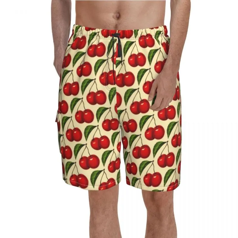 Shorts masculinos quadro de impressão de frutas vermelhas Trenky Cherry Pattern Preia Praça curta Cantura elástica masculina Funny Natação troncos mais sizemen's