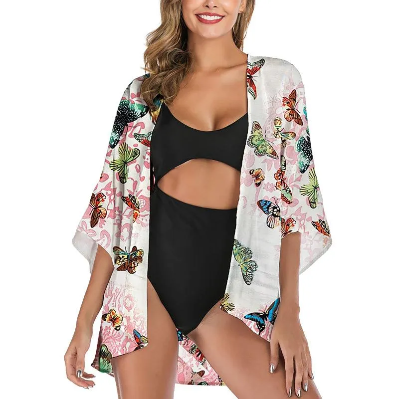 Women's Swimwear Women Chiffon Floral Print Kimono Loose Half Sleeve Shawl Cardigan Cover Up Tops Woman Long Shirt Dress Cotton Korean Cloth