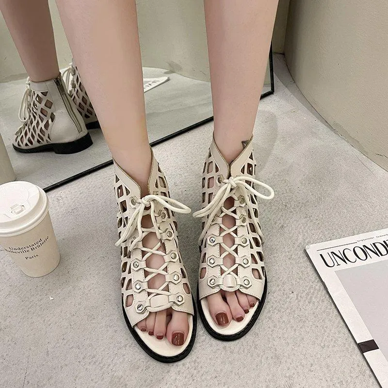 Sandals 2023Women's Spring Summer Ladies Rome Shoes Buckle Strap Flat Heels Retro Peep Toe Sandal With Back Zipper Casual Shoe