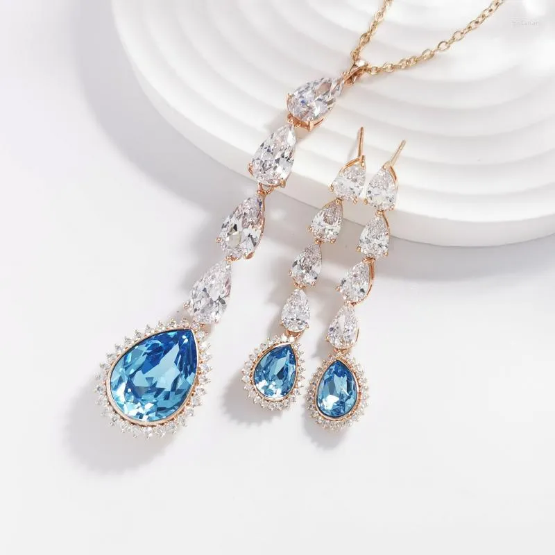 Conjunto de aretes de collar Joyas de gota de agua hechas con cristal de Austria para boda nupcial Diseñador de lágrima Joyería de mujer Bijoux Regalo para niñas