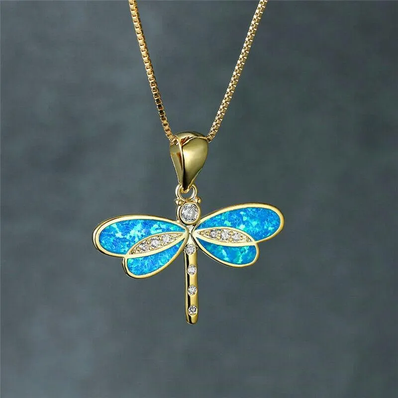 Pendant Necklaces Trendy Opal Dragonfly Necklace For Women Fashion Gold Plated White Neck Chain Choker Cute Animal Shape Jewelry Gift