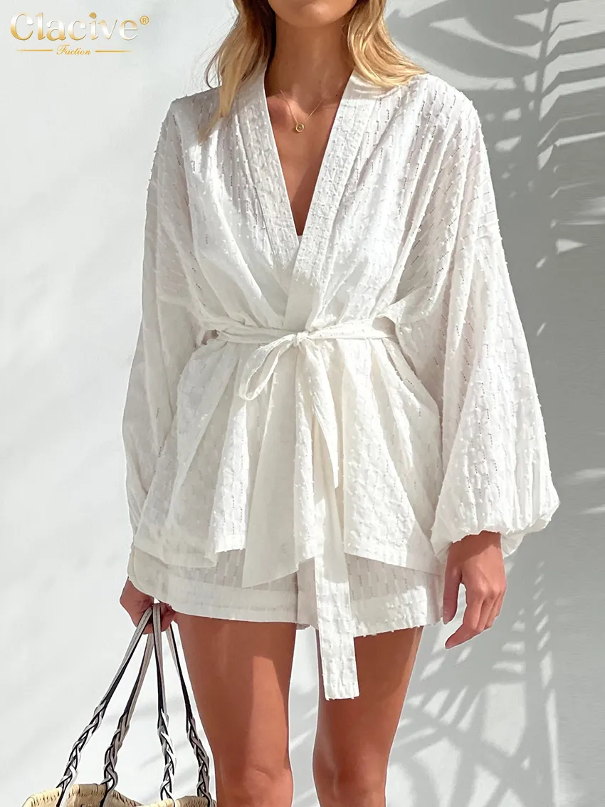 Women's Two Piece Pants Clacive Fashion Long Sleeve Robes Top Two Piece Sets Womens Outifits Autumn Casual White Home Suit Elegant Shorts Women'S Sets 230303