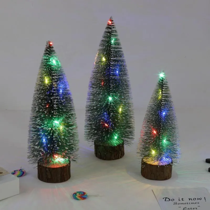 Christmas Decorations Tree Miniature Pine Frosted LED Trees-With Wood Base Crafts Home Decor