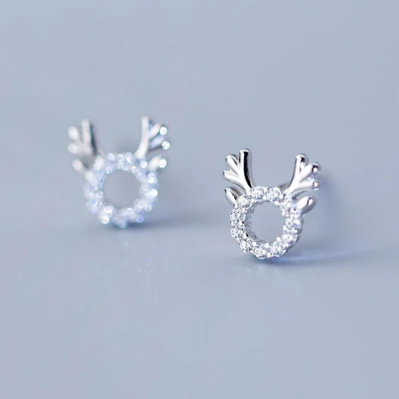 Stud Earrings 925 Solid Real Sterling Silver Elk CZ Earring For Winter Women Girl Christmas Present