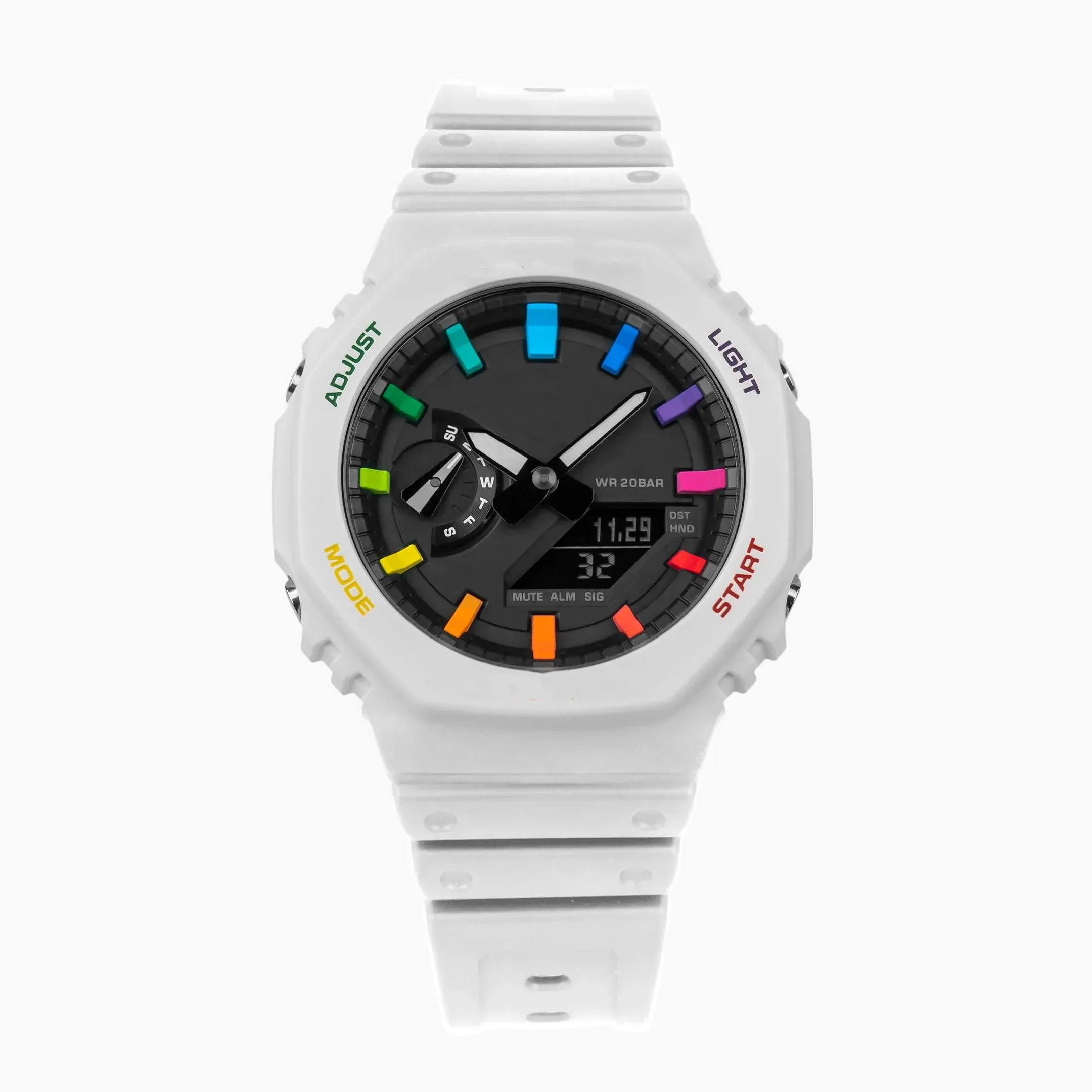 2024 Designer-Sport-Digital-Quarz-Herrenuhr mit vollem Funktionsumfang, LED-Weltzeit, Regenbogenweiß, kann separat zusammengebaut werden