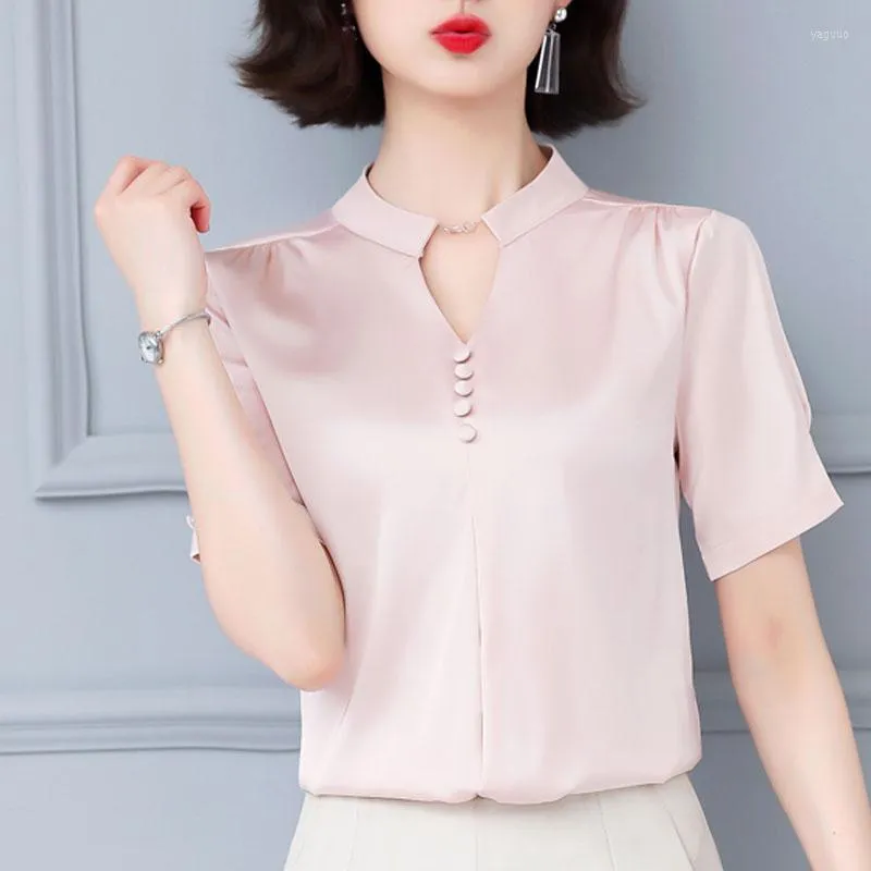 Kvinnors blusar 2023 Fashion Summer Woman Elegant Short Sleeve Shirts and Youth Tops Women's Satin Blus Silk Blusa Para Mujer 5379 50