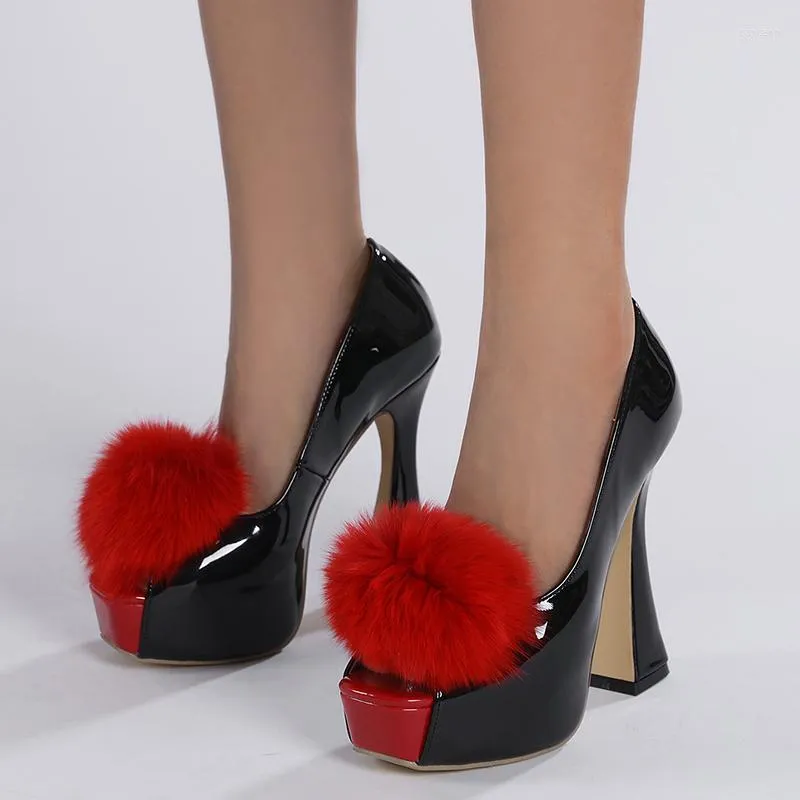 Dress Shoes 117465 Black Super-high Heels Women's Fishmouth Banquet Red Plush Ball Large Thick Heel Sandals