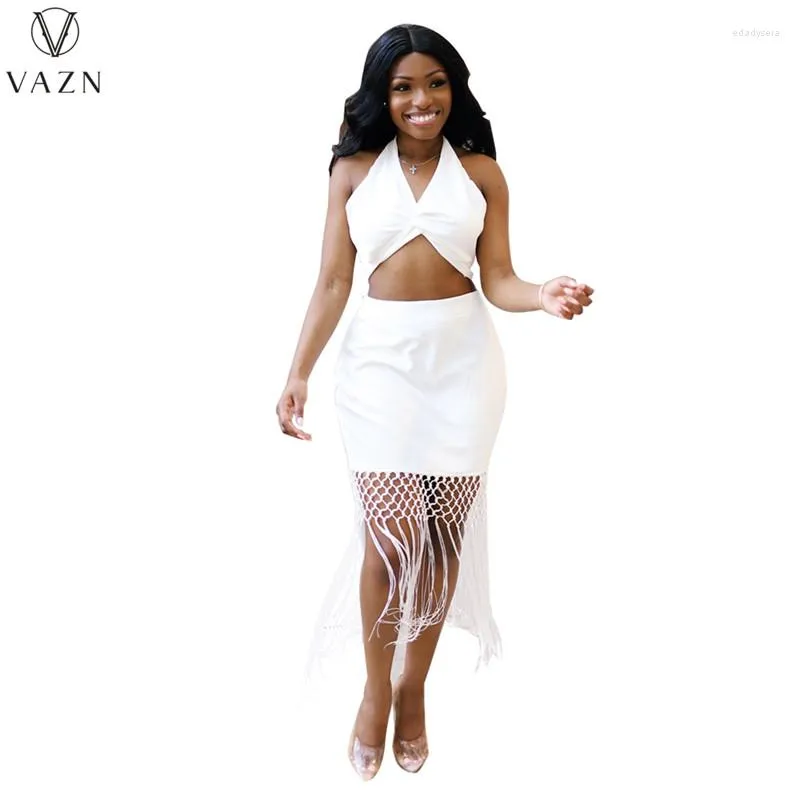 Work Dresses VAZN 2023 Luxury Designer White Sexy Club Women Of Quality Bikini Top Tassel Pencil Long Skirts Slim 2 Piece Set