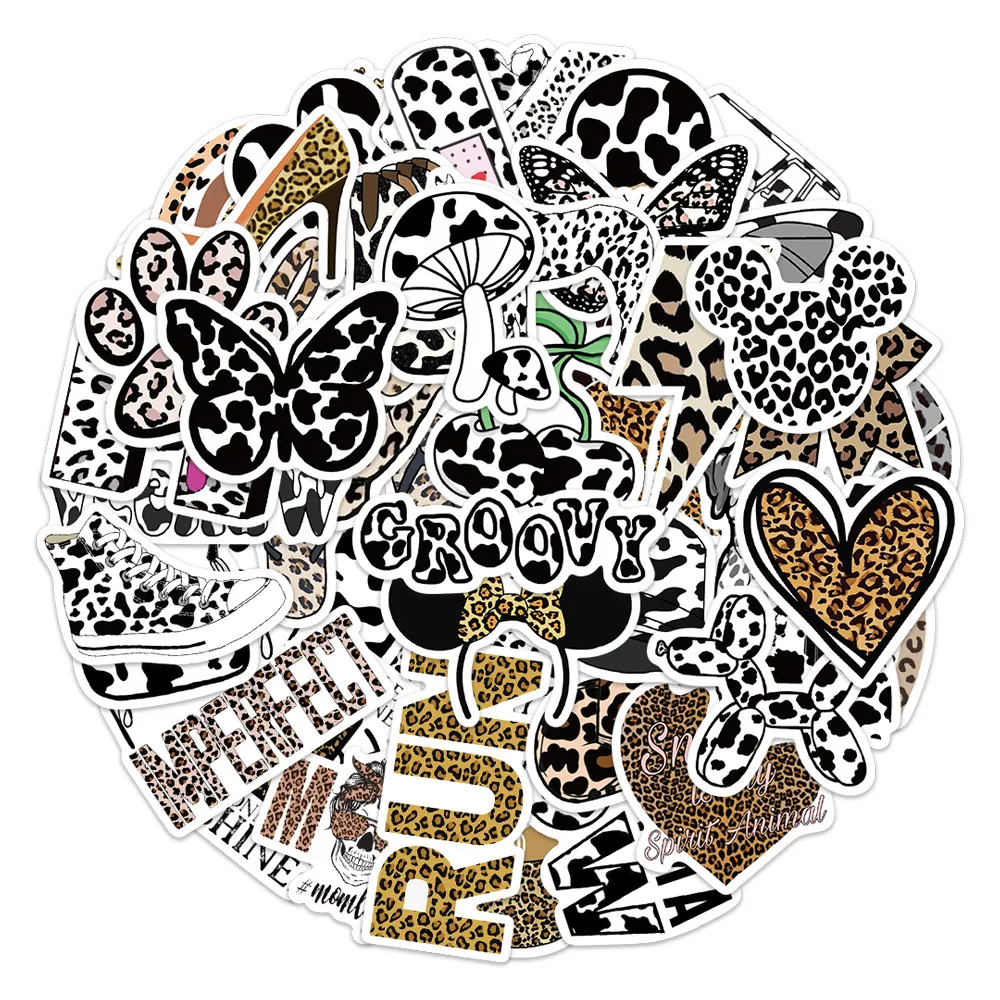 50pcs Leopard Print Graffiti Stickers Black White for Baby Helled Case Case Diary Phone Planner Decor Book Book Kids Kids Guitar Diy