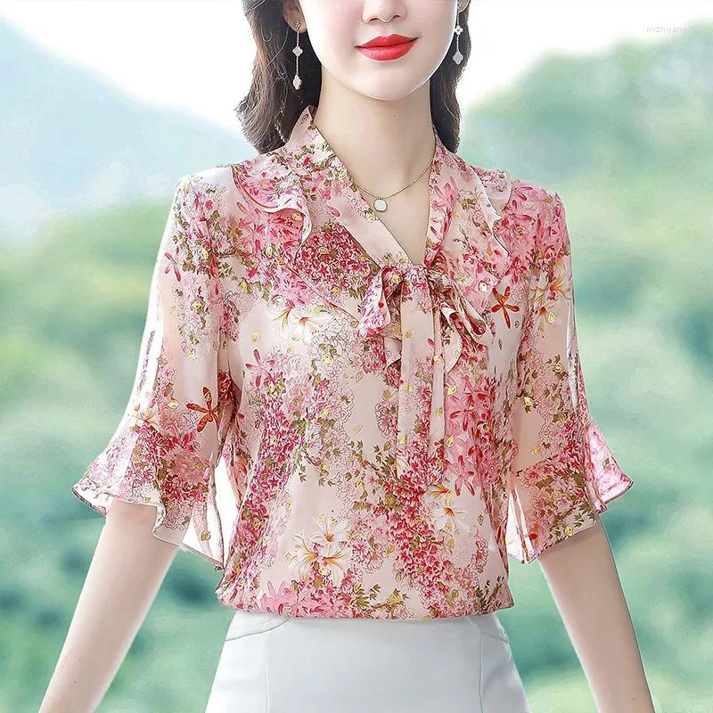 Kvinnors blusar Elegant Fashion Floral Printed Chiffon Shirt Summer 2023 V-ringning Kort ärm Loose Pullover Blouse Kvinnkläder Q75