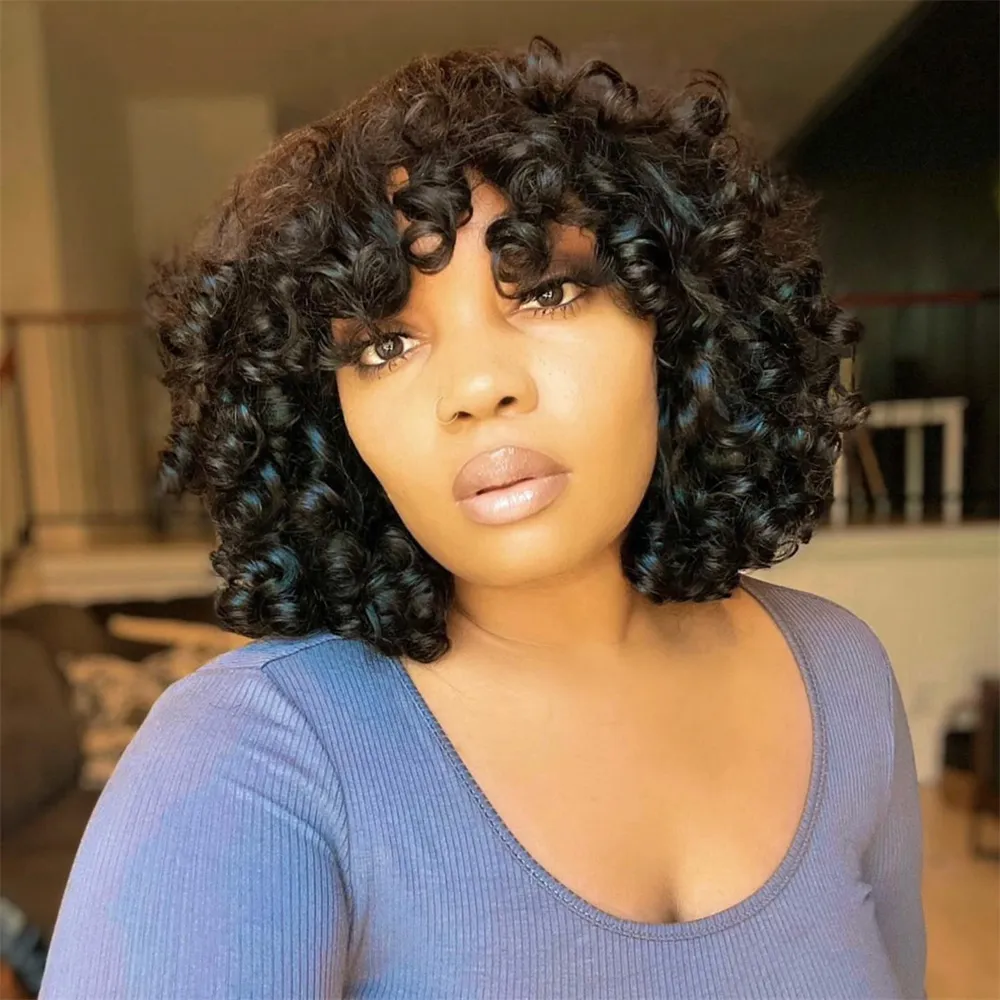 Fluffy Bouncy Bouncy Human Heum Hair Wigs avec une frange Peruvian Remy Funmi boucles Short Bob Full Machine Fabriqué pour les femmes