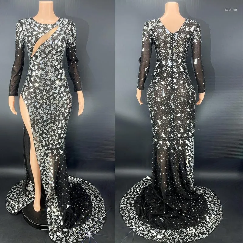 Stage Wear Full Diamond Lens Split Long Dress Sleeved Evening Trailing Birthday Celebrate Outfit Mirrors Costume XS5170