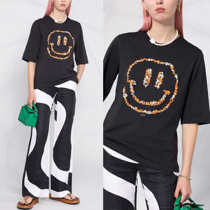 2023ss Ganni Women Designer T shirt Flower Smiling Face Printing Loose Cotton Round Fashion Tops Neck Black Short-sleeved T-shirt