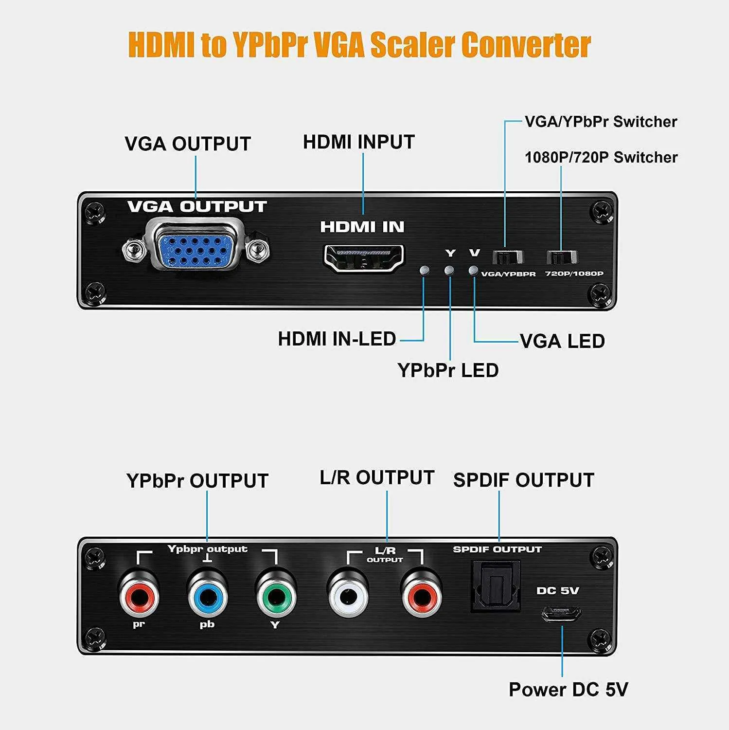 HDMIから色差までコンポーネントYPBPR R / LコンバーターVGA RGB（5RCA）