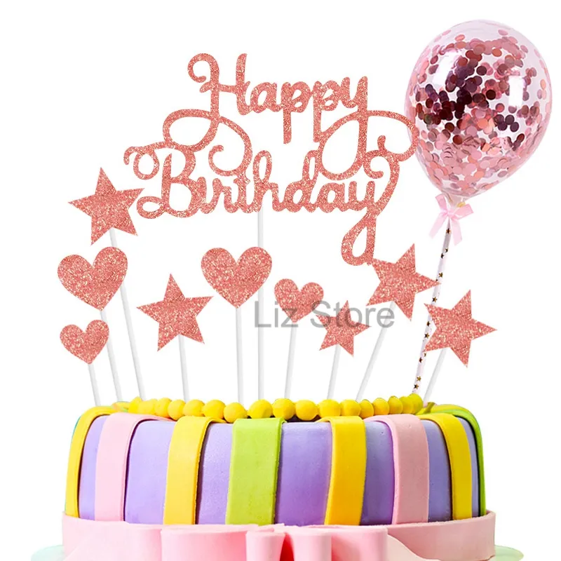 Joyeux anniversaire gâteau décoration fournitures lettre étoiles amour coeur ballon gâteau insérer carte fête d'anniversaire gâteau décor insérer carte TH0734