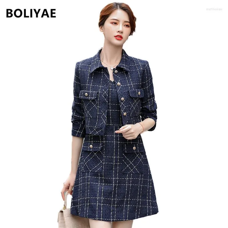 Work Dresses Boliyae Blue Plaid Tweed Short Jacket With Sleeveless Vest Dress Suit 2023 Autumn And Winter Women's Blazer Set Ladies