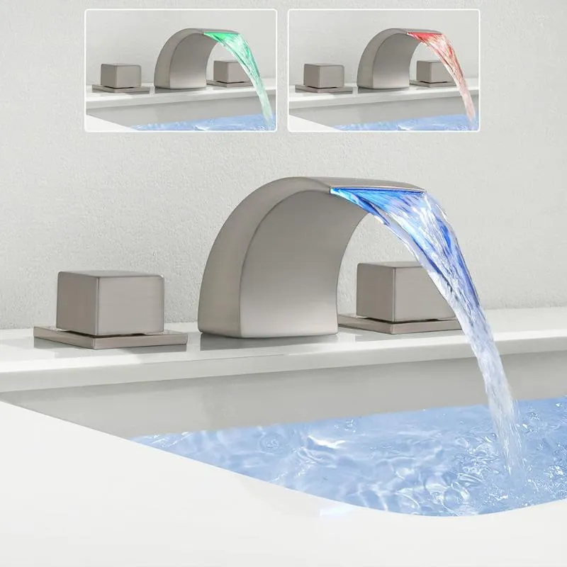 Robinets de lavabo de salle de bain bonne qualité robinet en laiton de luxe 3 trous 2 poignées mitigeur de lavabo cascade d'eau froide LED