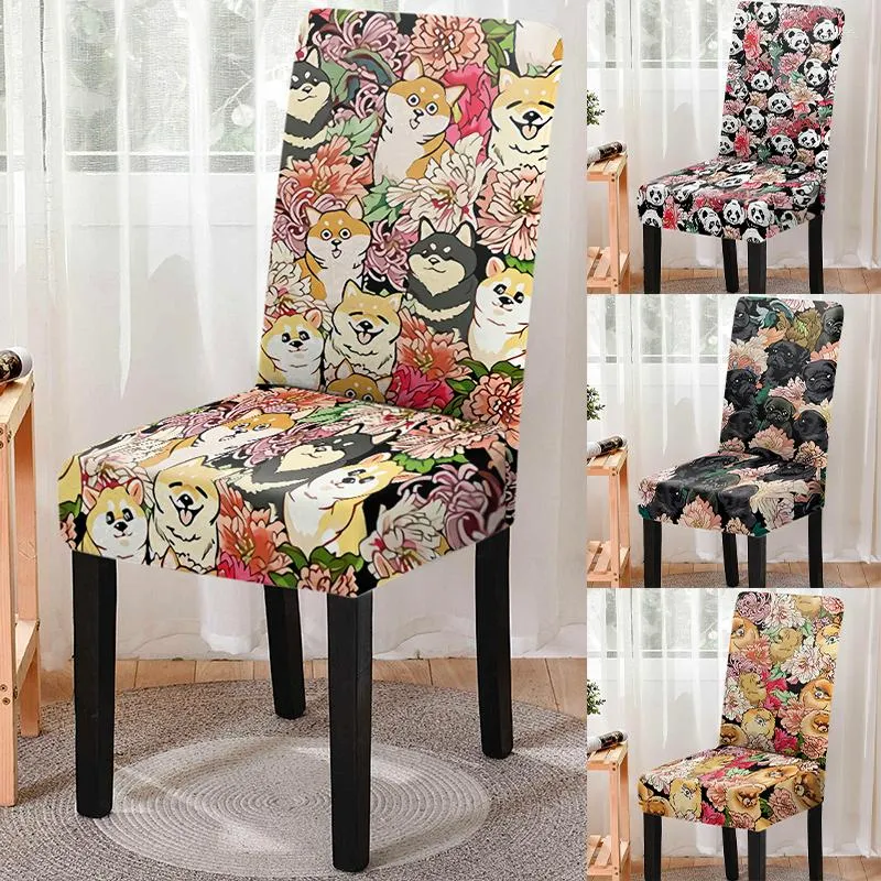 Chair Covers Cute Animal Dog Print Dining Cover Strech Elastic Flower Slipcover Seat For Kitchen Stool Home Banquet Decor